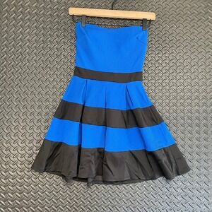 Lette Blue Black Stripe Strapless Mini Ruffle Casual Wear Dress‎ Women's Size XS